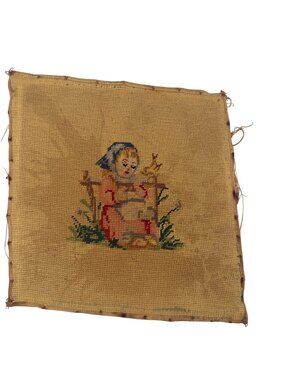 Vintage Needlepoint Girl Pink Dress Sitting by Fence with Bird Design 13x13"
